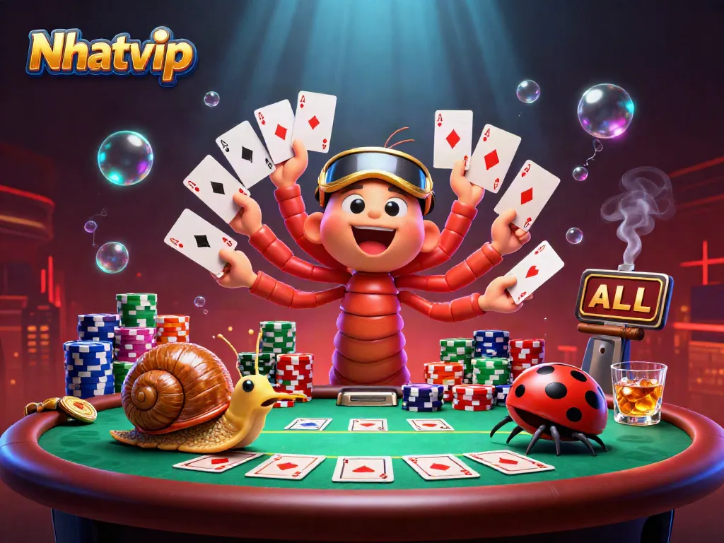 Nhatvip showcases a vibrant casino scene with characters engaged in thrilling card play.
