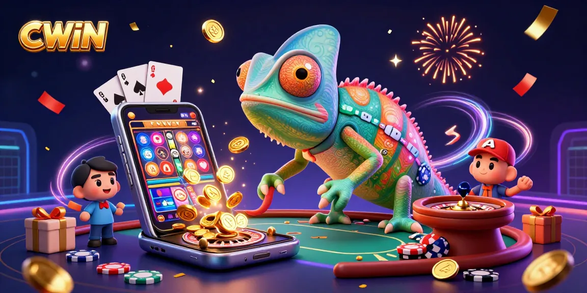 CWIN casino experience featuring a vibrant chameleon owner and dynamic gaming elements.