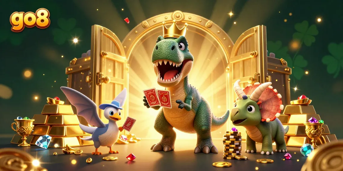 Engage with go8's thrilling slot adventure featuring friendly dinosaurs shuffling cards and stacking chips.