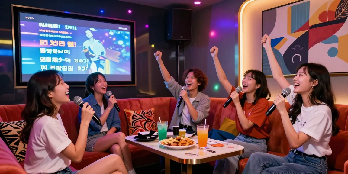 Friends enjoying 강남가라오케 in a lively karaoke venue with vibrant lights and décor.