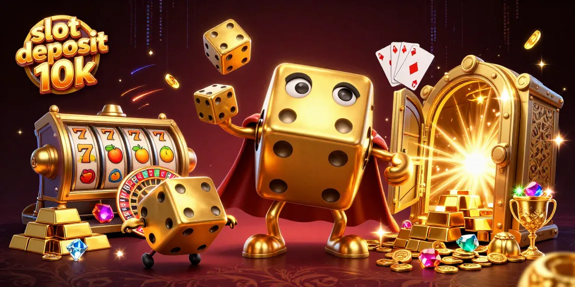 Play thrilling slot deposit 10k games with golden dice and bright reels set in a rich casino scene.