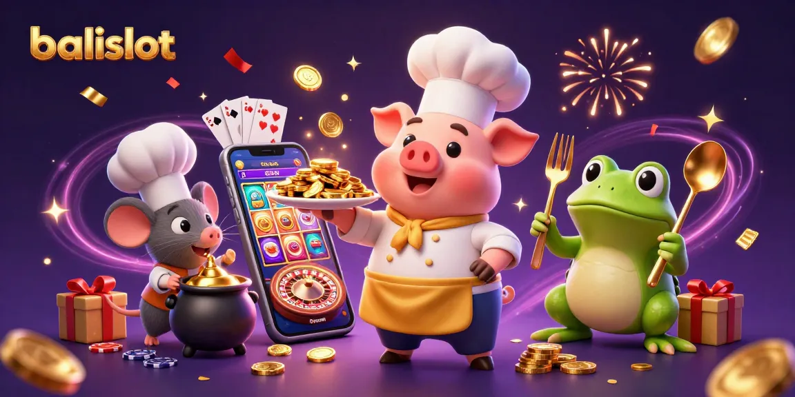 Gambarkan suasana permainan balislot dengan karakter chef babi dan elemen perjudian menyerupai permainan slot.