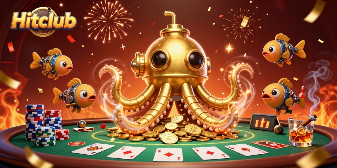 Engage in thrilling gameplay at Hitclub, showcasing the excitement of a golden kraken submarine amidst poker and gaming elements.