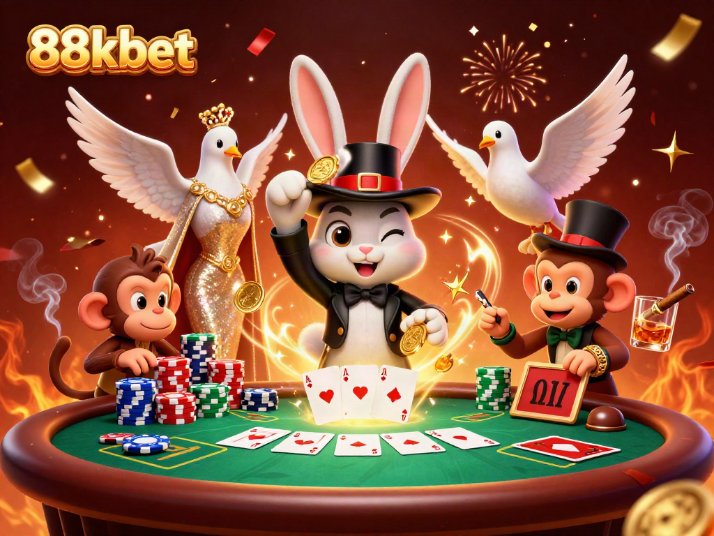 Engage in thrilling poker action with 88kbet's vibrant 3D casino illustration featuring a magician, dove, and monkey.