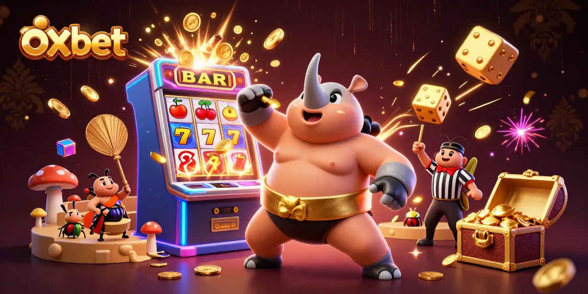Experience thrilling gameplay at oxbet with vibrant 3D casino elements, featuring a confident sumo champion and stacked slot machines.