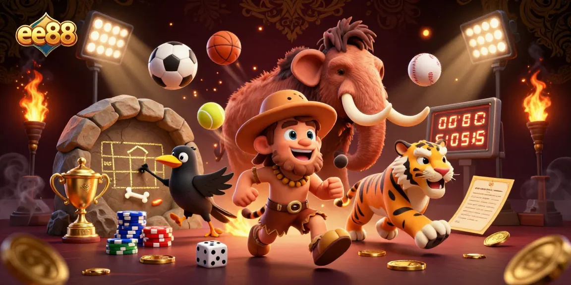 Bet on excitement with ee88 featuring a caveman and sabertooth tiger in a prehistoric casino.