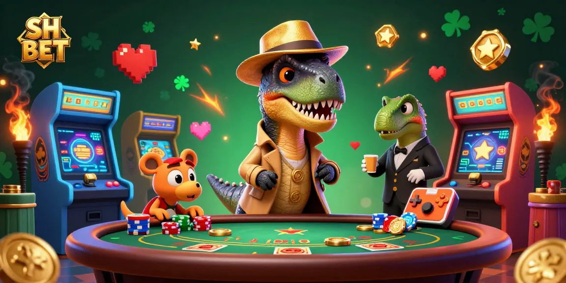 Engage with thrilling SH BET gaming experiences featuring a velociraptor card counter, stegosaurus pit boss, and lively casino elements.