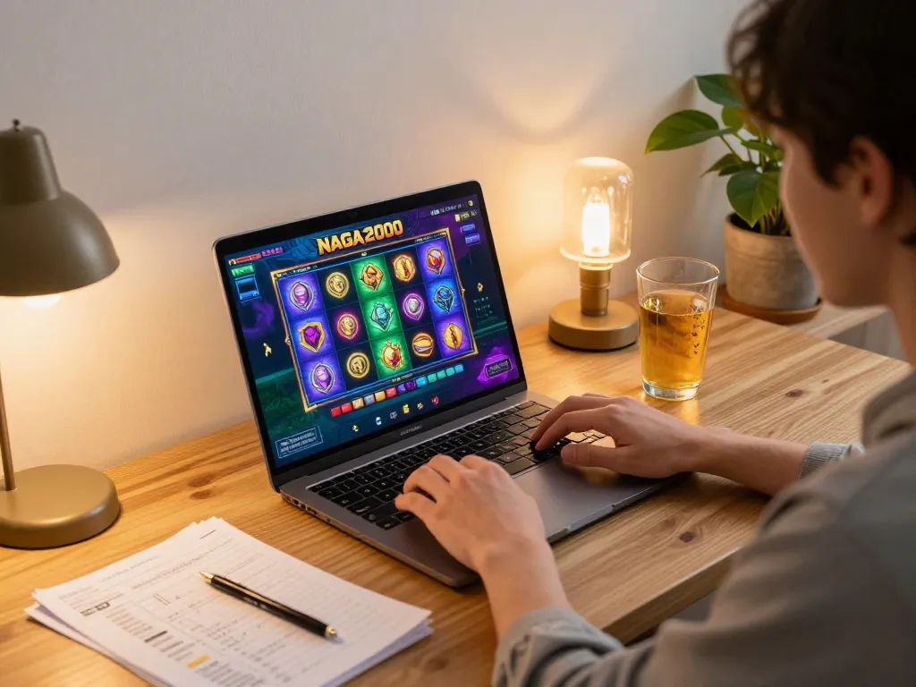NAGA2000 player engaging with popular slot game on laptop, surrounded by strategy notes and a cozy atmosphere