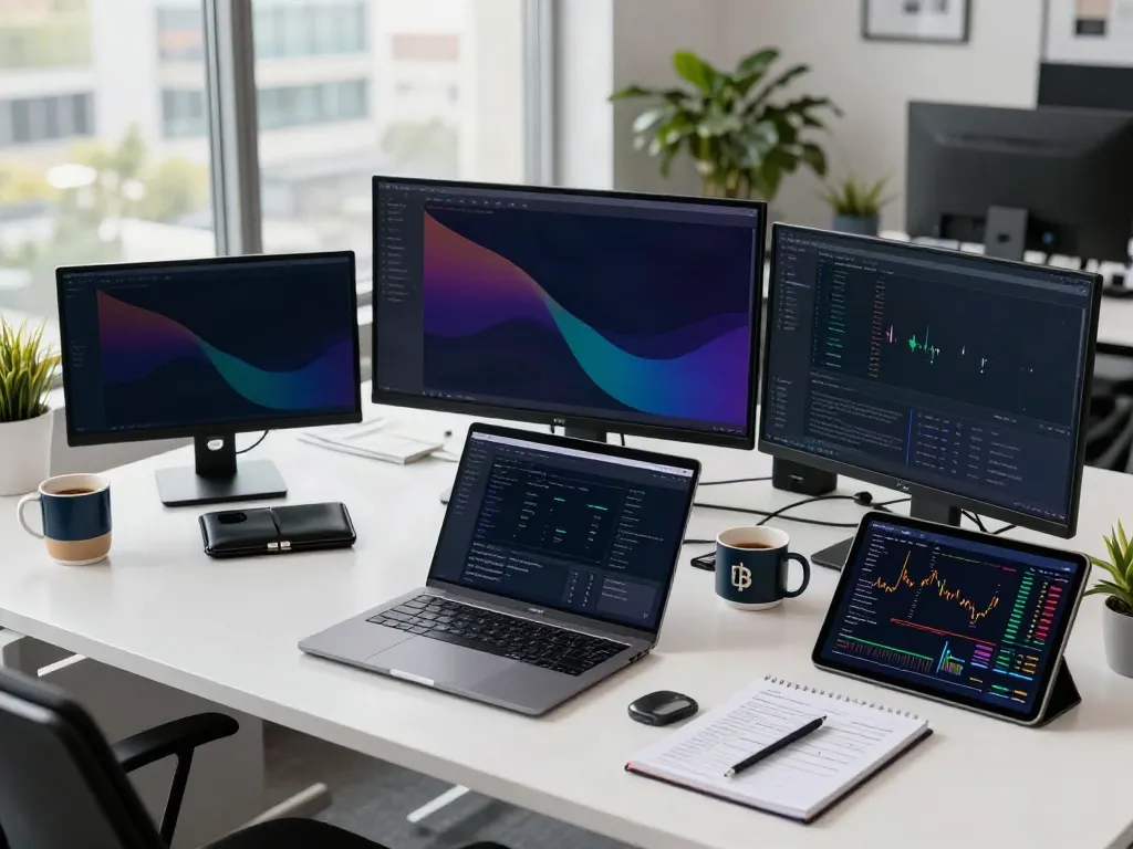 IronBridgeMarkets trading setup featuring multiple screens, live crypto data, and high-tech peripherals in a vibrant office atmosphere.