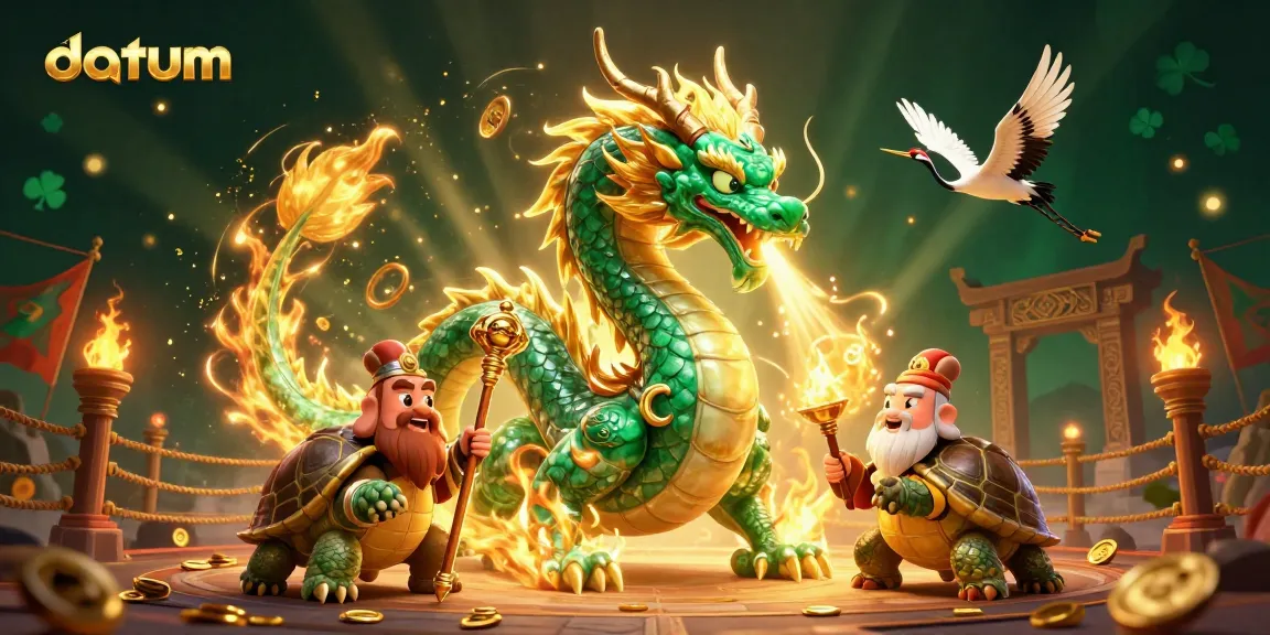Engage in the excitement of datum as the jade dragon breathes fire amidst golden coins and casino elements.