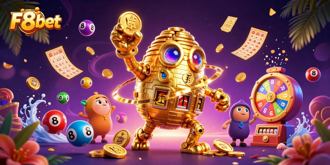 Win big with F8bet's vibrant lottery scene featuring a golden golem and colorful balls.