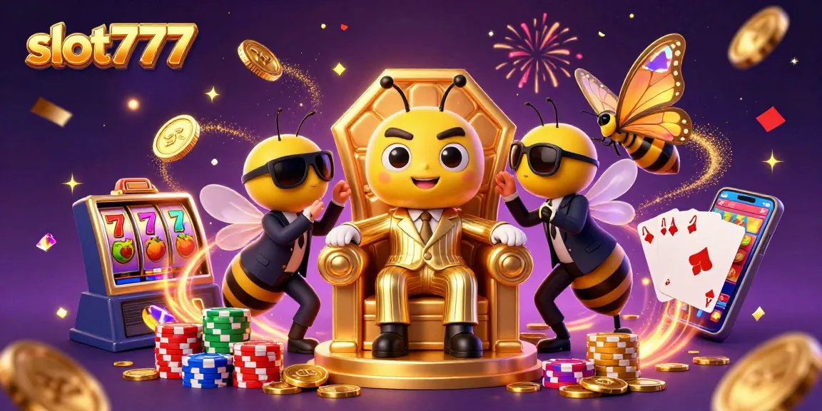 Experience thrill with slot777 at vibrant casino, featuring a bumblebee mob boss amidst gold coins.