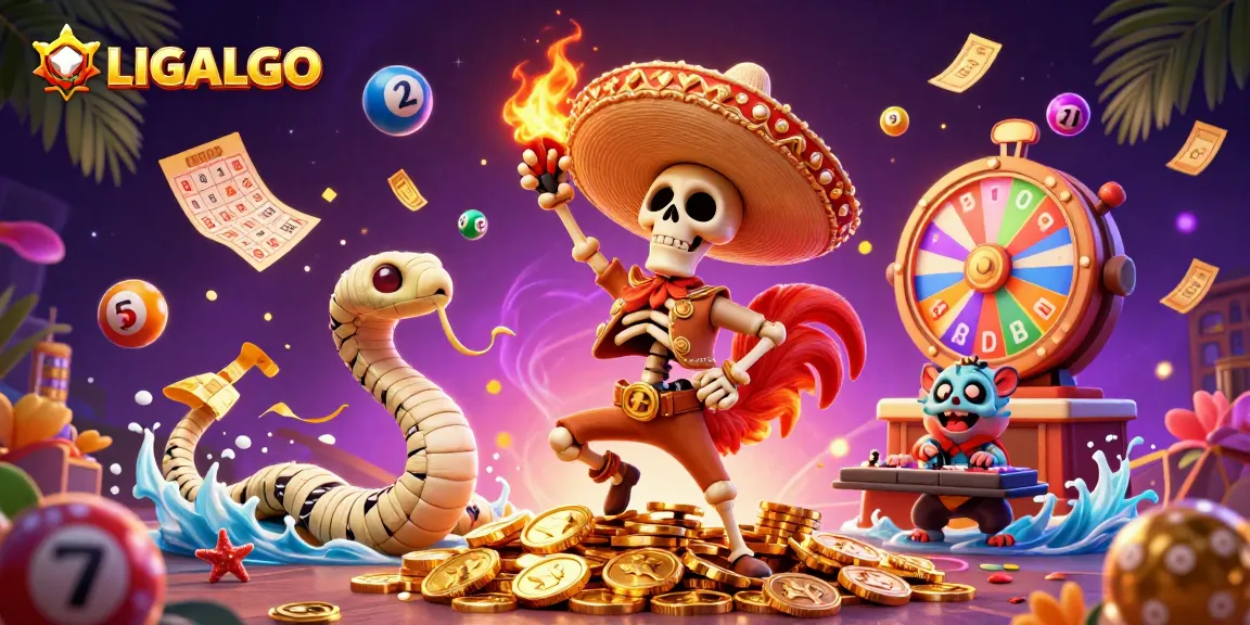 LIGALGO brings excitement with a mariachi rooster celebrating on coins, amidst vibrant lottery elements.