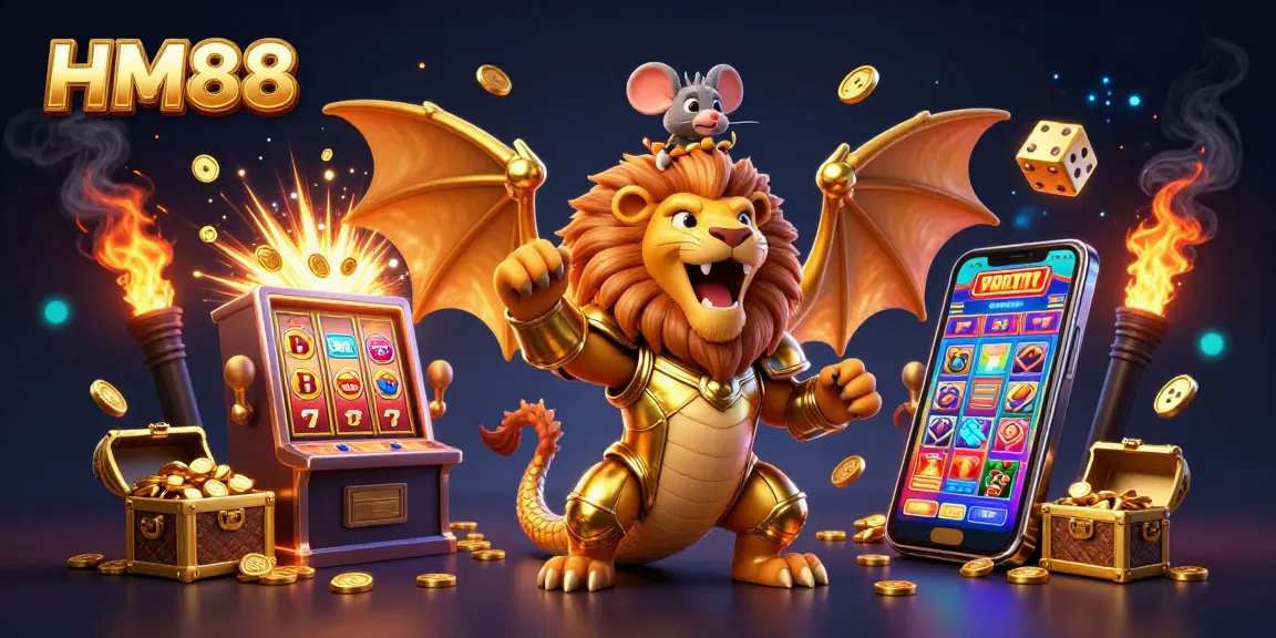 Experience the thrill of winning at HM88 with a vibrant 3D casino illustration featuring a playful chimera and exciting gaming elements.