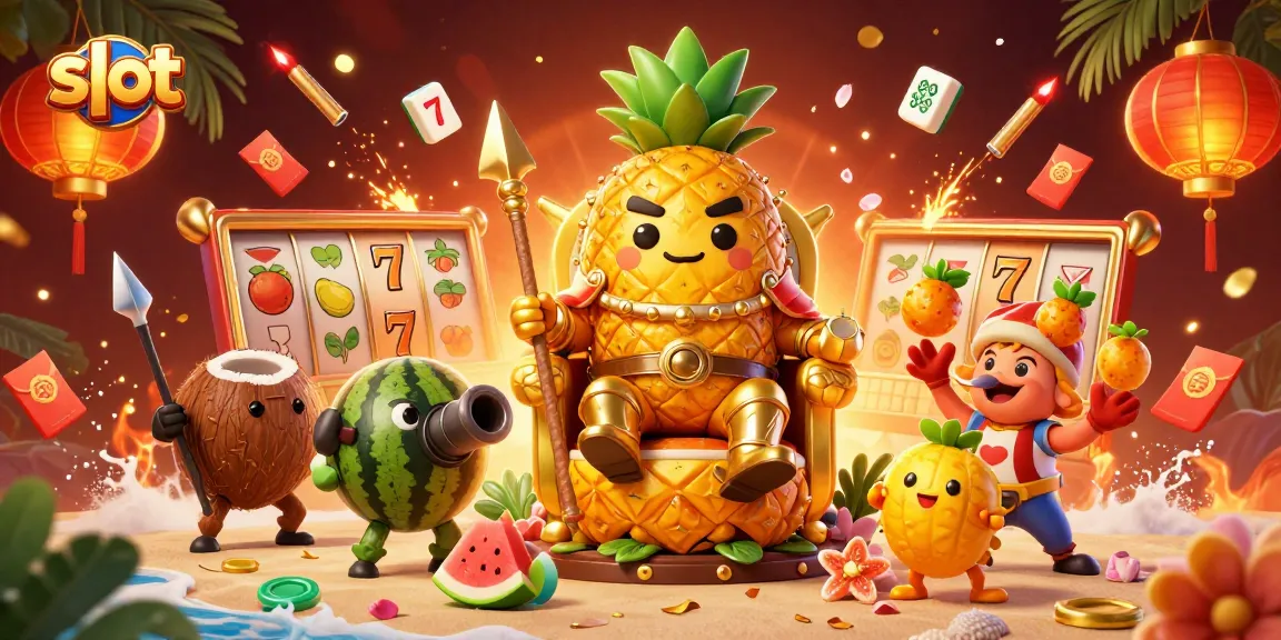 Slot yang menyenangkan dengan gambar raja nanas emas dan elemen kasino penuh warna.