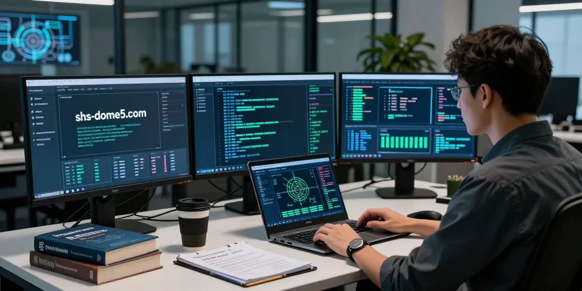 Cybersecurity workspace showcasing shs-dome5.com threat analytics with monitors and digital security tools.