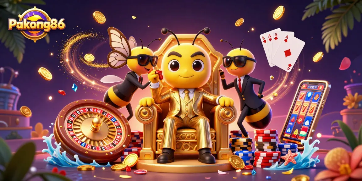 pakong86 spins the reels and wins big in a vibrant casino scene with animated characters.