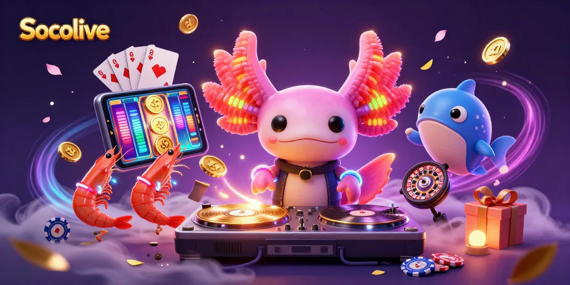 Socolive unveils an energetic underwater gaming scene featuring a neon axolotl DJ and vibrant sea creatures.