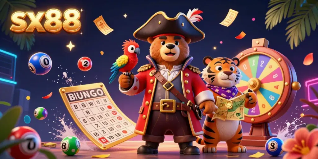 Experience thrilling gameplay with sx88 featuring a pirate captain bear, tiger first mate, and dynamic casino elements.