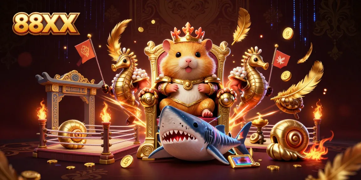 Experience the thrill of 88XX with a golden hamster king on a megalodon throne surrounded by royal seahorse guards.