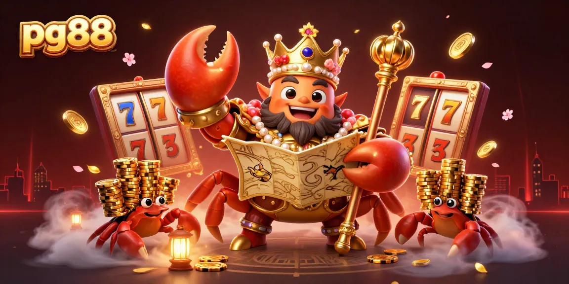 Spin and win with pg88's vibrant casino scene featuring a golden crab emperor and jackpot elements.