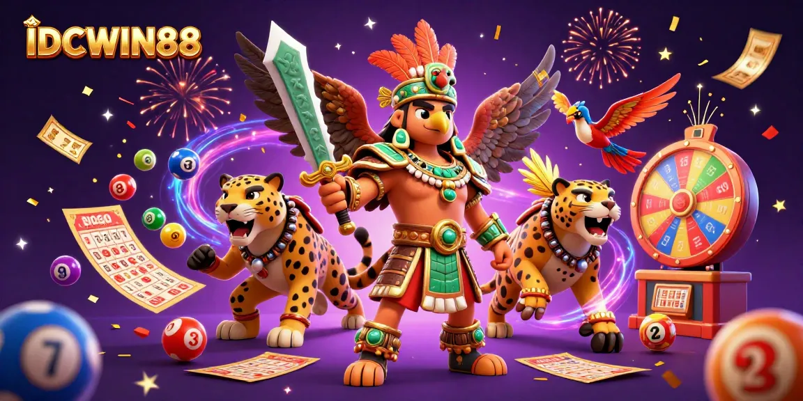 Experience high-stakes gaming excitement with IDCWIN88 as vibrant lottery elements and characters engage in action.