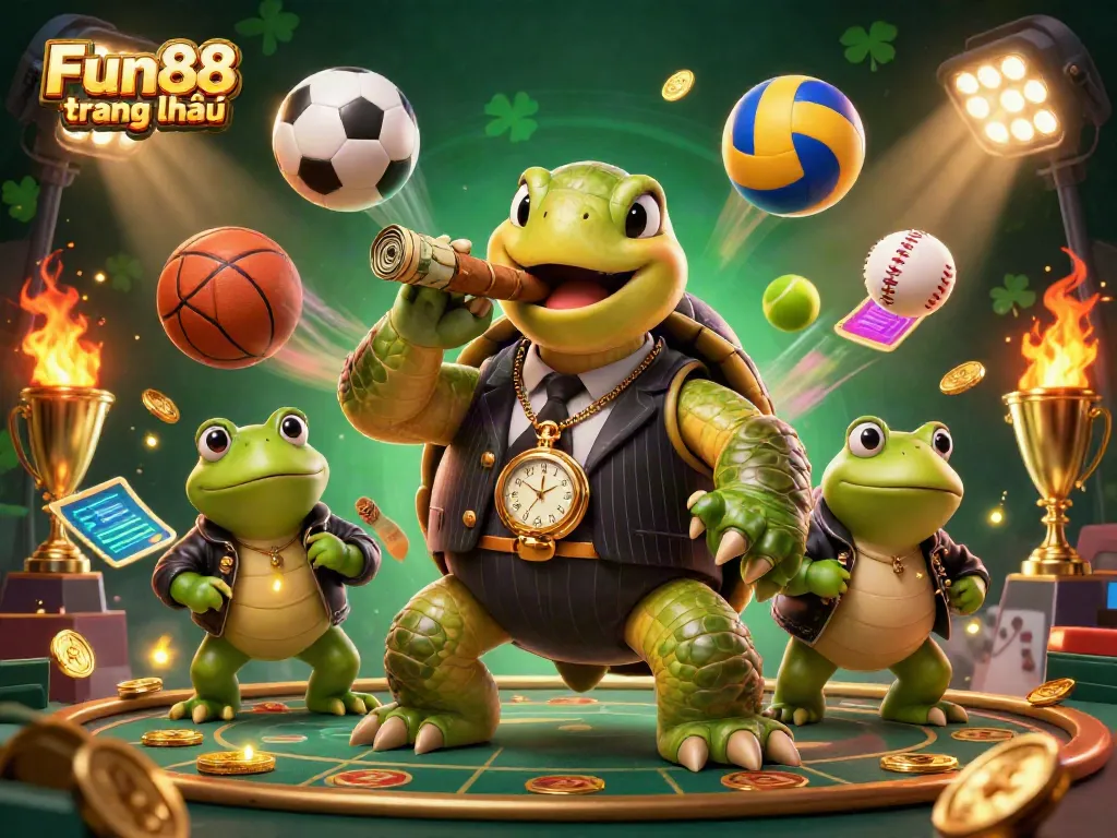 Engage with Fun88 trang chủ in a lively 3D cartoon scene of a mobster turtle and frog enforcers with sports elements.