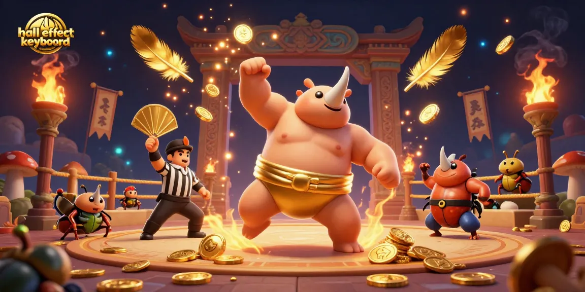 Experience thrilling action in this vibrant scene featuring a hall effect keyboard champion with golden coins flying during a competitive match.