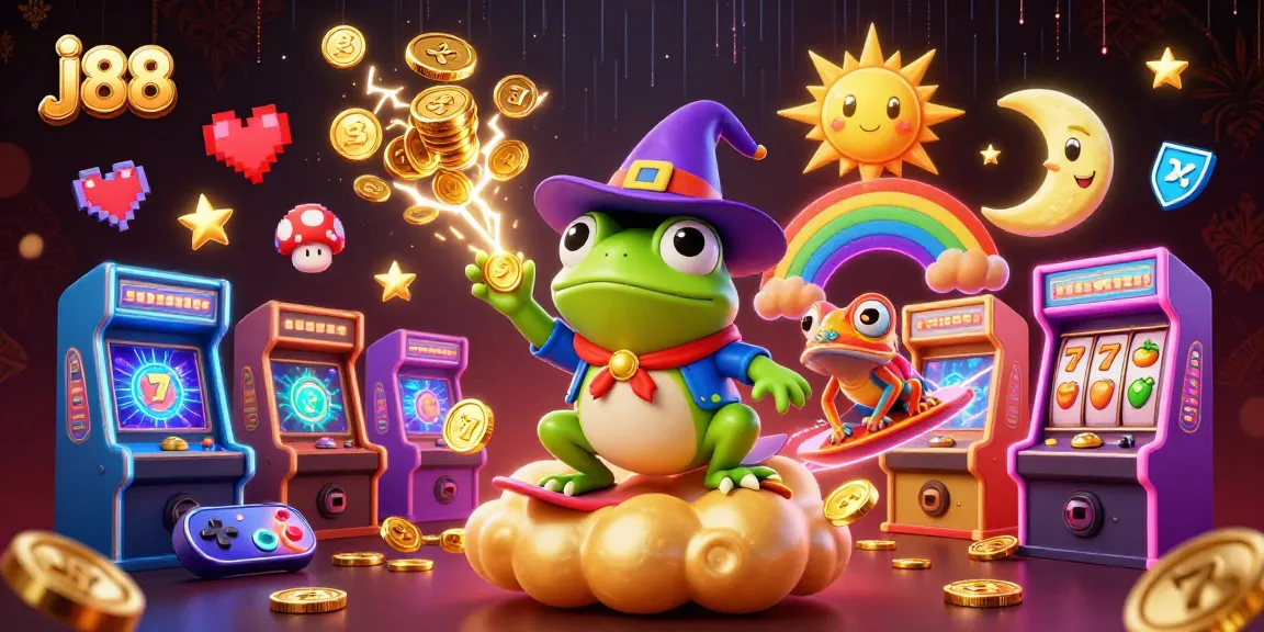 Win big at j88 with a magical scene of a wizard frog and vibrant game elements.