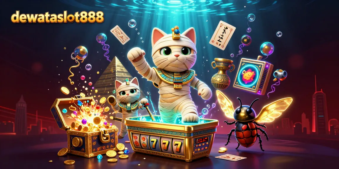 Menangkan jackpot di dewataslot888 dengan ilustrasi mumi kucing dan simbol slot yang memukau