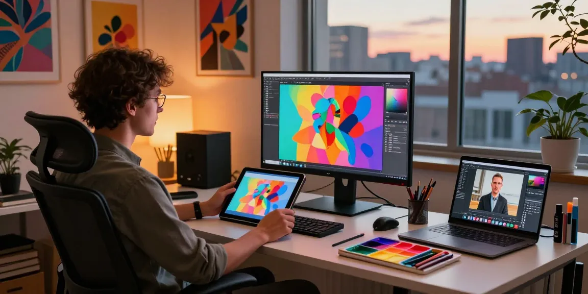 Vibrant digital art studio showcasing image to image transformation process with artist and technology.