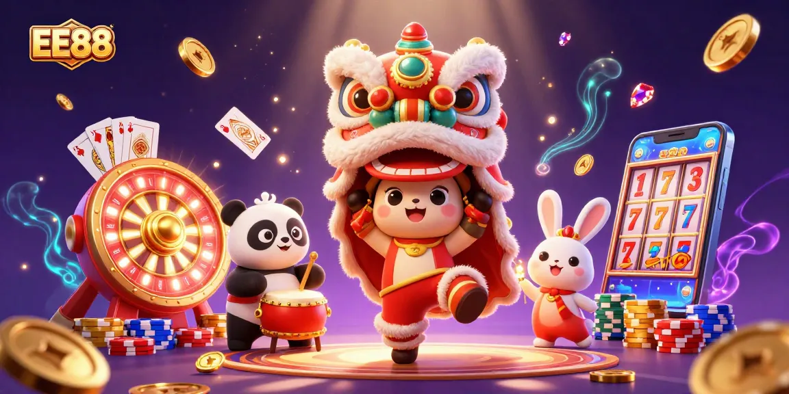 Engage with EE88's vibrant casino scene, showcasing a lion dance with drumming panda and gold coins.