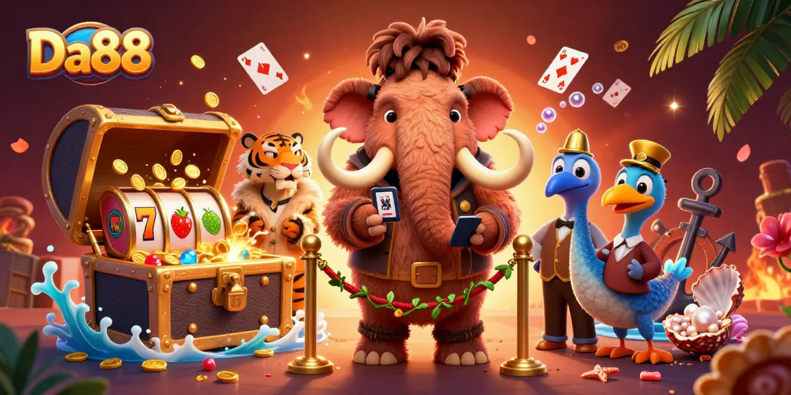 Engage in exciting gameplay at Da88 featuring a vibrant casino scene with a woolly mammoth bouncer.