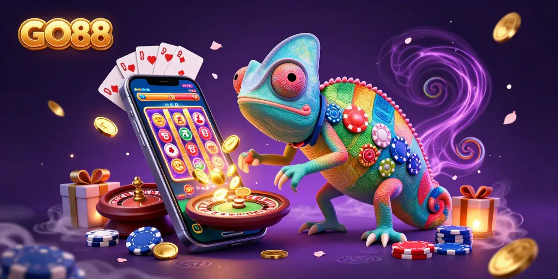 GO88 casino owner chameleon grabs golden coins from a slot game, surrounded by casino elements.