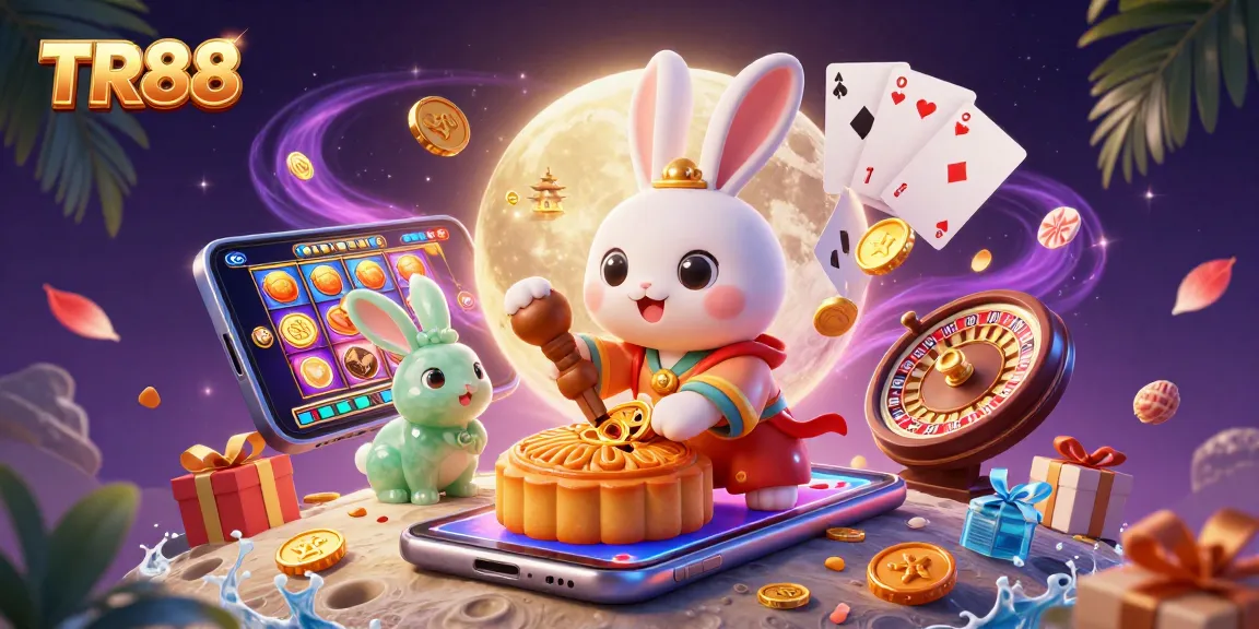 Win big with TR88 as the moon rabbit reveals poker chips and colorful slot games amid a rich casino scene.