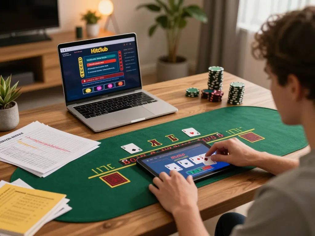 Engaging with live dealer blackjack on Hitclub app in a cozy home setting, showcasing strategy and excitement.