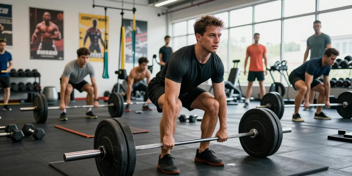 Entrenador en Esteroidesshop levantando pesas en el gimnasio moderno, mostrando esfuerzo y energía.
