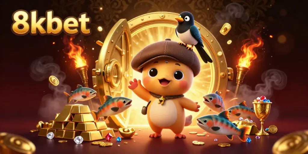 Watch 8kbet come to life with playful characters exploring a vibrant casino adorned with treasures.