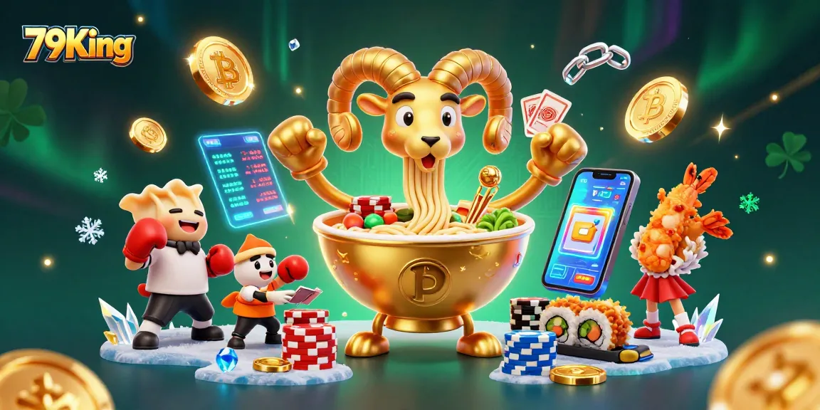 Engage with 79King's vibrant casino games featuring a golden ramen bowl dealer, crypto elements, and lively characters.