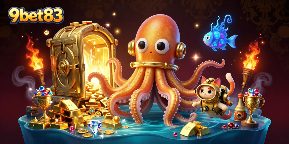 Experience thrilling gameplay with 9bet83, where a kraken, diving cat, and treasures sparkle in this vibrant casino scene.