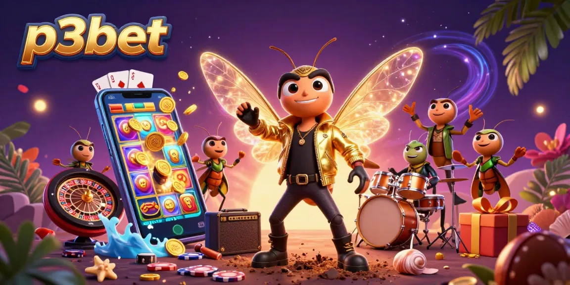 P3bet illustrates a thrilling casino scene with a rock star cicada and vibrant game elements.
