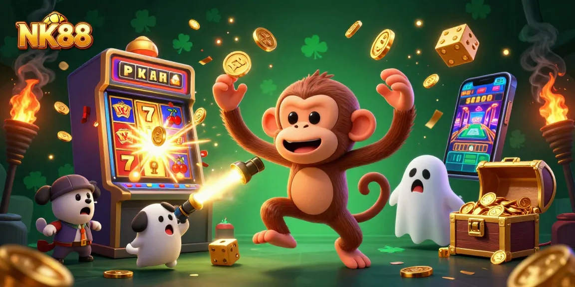 Engage with NK88's exciting casino experience featuring a poltergeist monkey juggling gold while a puppy tracks it.
