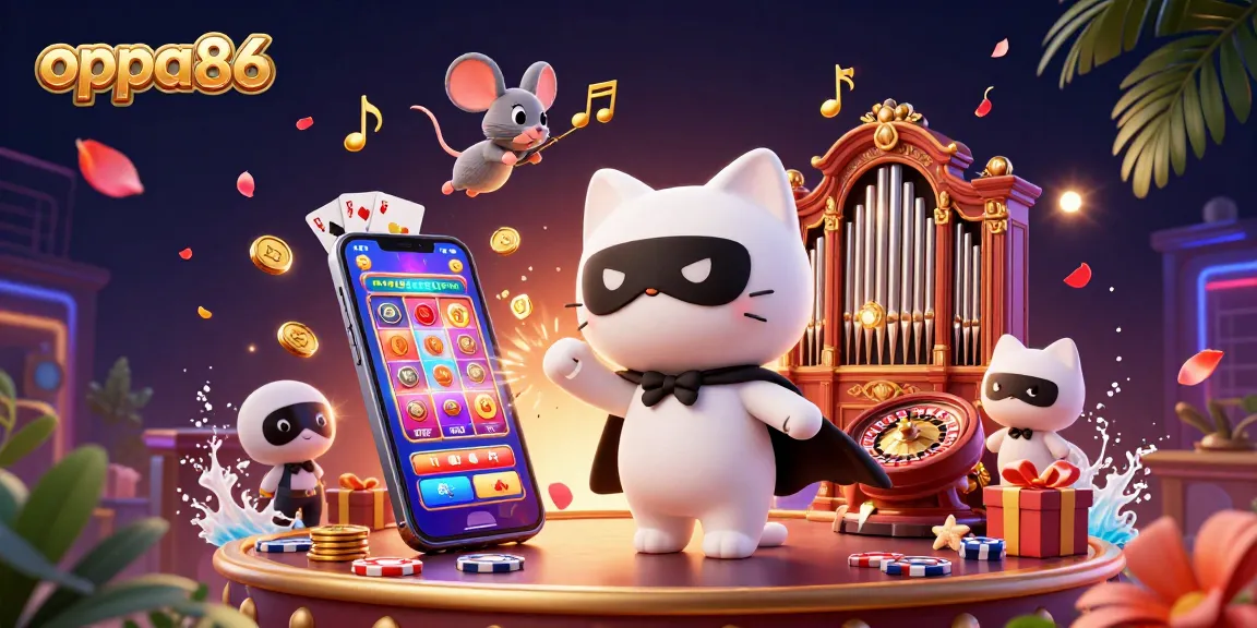 Experience the thrill of oppa86 with a dazzling 3D casino scene showcasing vibrant characters and games.