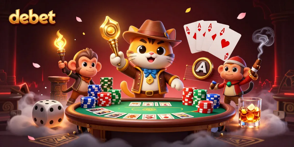Engage with debet's thrilling casino scene featuring cartoon characters in an adventurous discovery of casino riches.