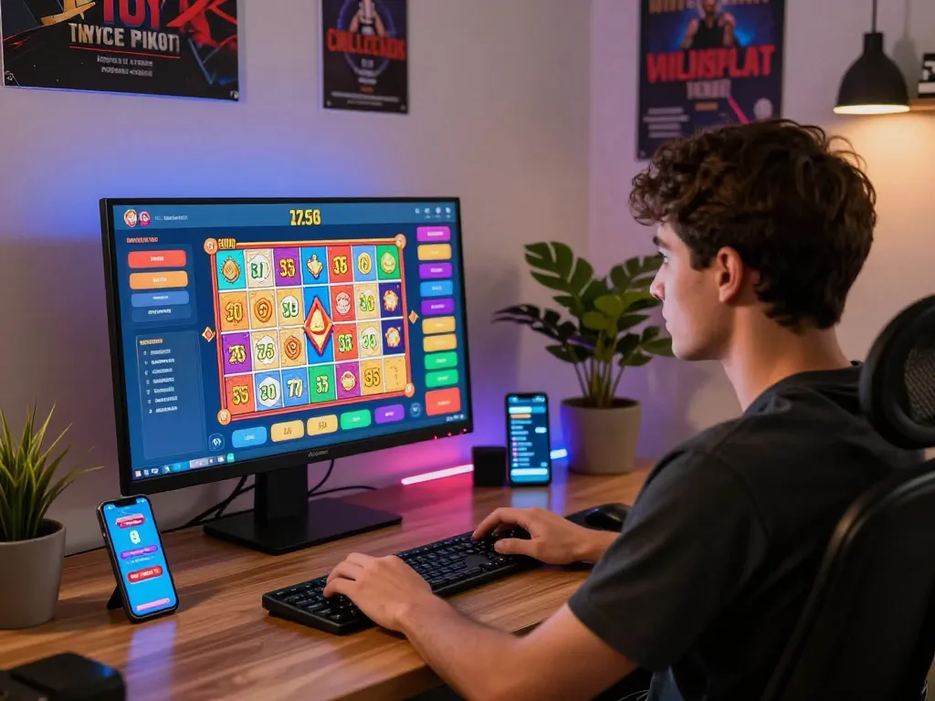 Engaged player at home enjoying online gambling experience with tot88 interface.