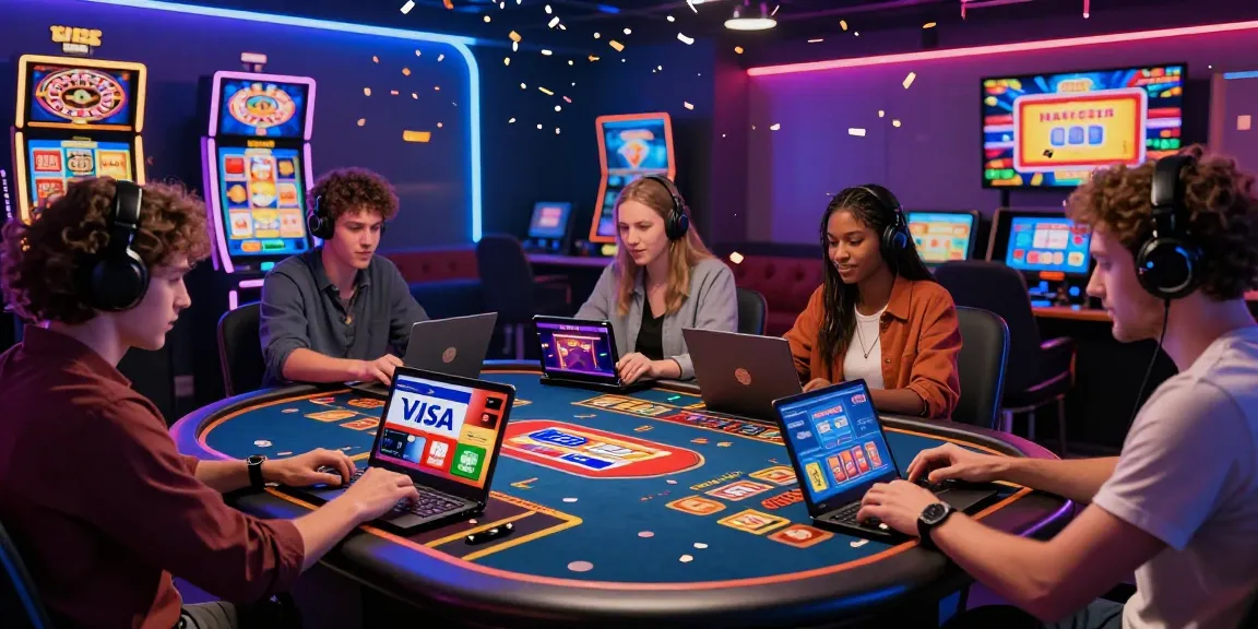 Diverse players engaged at a credit card casino, showcasing excitement with colorful graphics and slot machines.