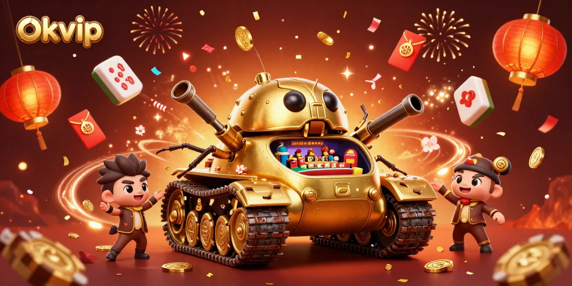 okvip's vibrant casino scene featuring a golden beetle tank, confetti, and lucky symbols.