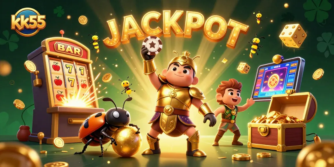 kk55 showcases a triumphant beetle lifting a poker chip amid colorful casino game elements.