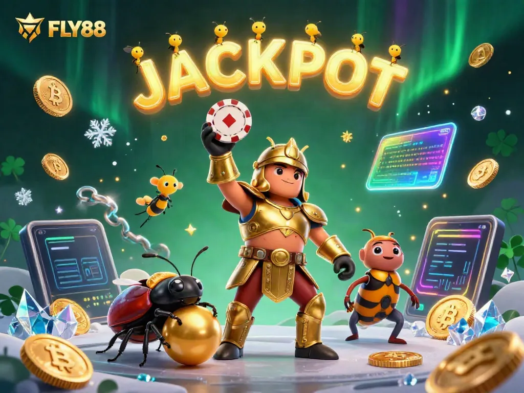 Engage in casino thrill with FLY88, featuring vibrant characters celebrating a big jackpot.