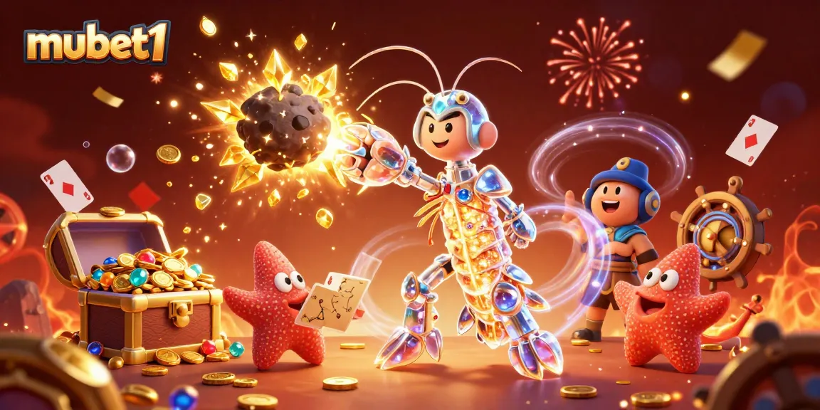 Engage with the vibrant world of mubet1, featuring a galactic mantis shrimp amidst casino elements.